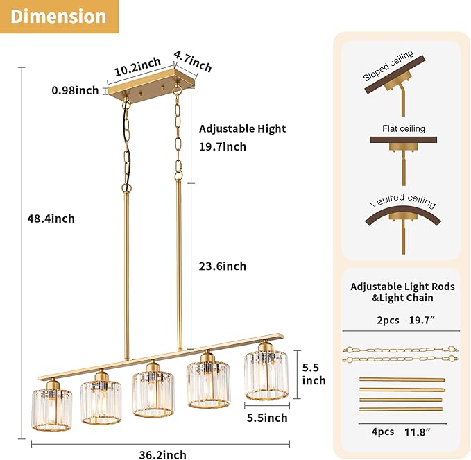36" Chandeliers for Dining Room, Brass Pendant Lights Kitchen Island Lighting, 5-Light Gold Dining Room Light Fixture Chandeliers over Table Brushed Gold Island Lights for Kitchen, K9 Crystal Shades