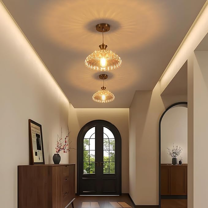 Amber Glass Pendant Lights, 11.8" Brushed Gold Lighting Glass Light Fixtures Modern Amber Chandelier Vintage Hanging Ceiling for Kitchen Island Dining Room Restaurant Bedroom Foyer Entryway
