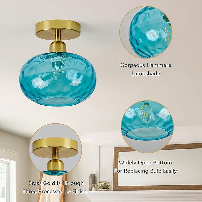 Blue Glass Semi Flush Mount Ceiling Light - 2 Pack,7.9 Inch Hammered Glass Small Hallway Light fixtures, Vintage Gold Art Deco Flush Mount Ceiling Light for entryway Foyer Laundry Room Kitchen
