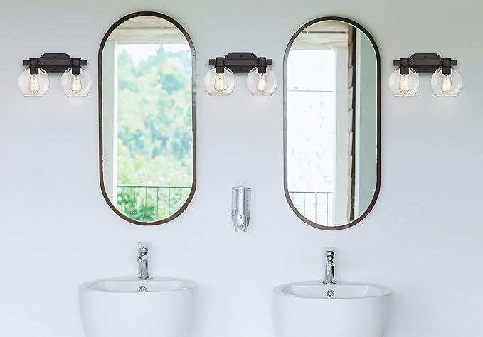 Tawson Dan Modern Farmhouse 2-Light Vanity Light Wall Sconce Lighting with Clear Glass Globe Shade in Light Black Finish for Bedroom, Hallway, Kitchen