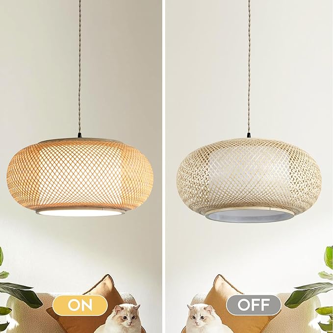Plug in Bamboo Pendant Light, Boho Style Lamp, 16.7ft Plug in chandelier Wire with a Switch. Japanese Wabi-Sabi Style Circular Lampshade Lighting, Dining Rooms, Bedrooms, Storage Rooms and Kitchens.