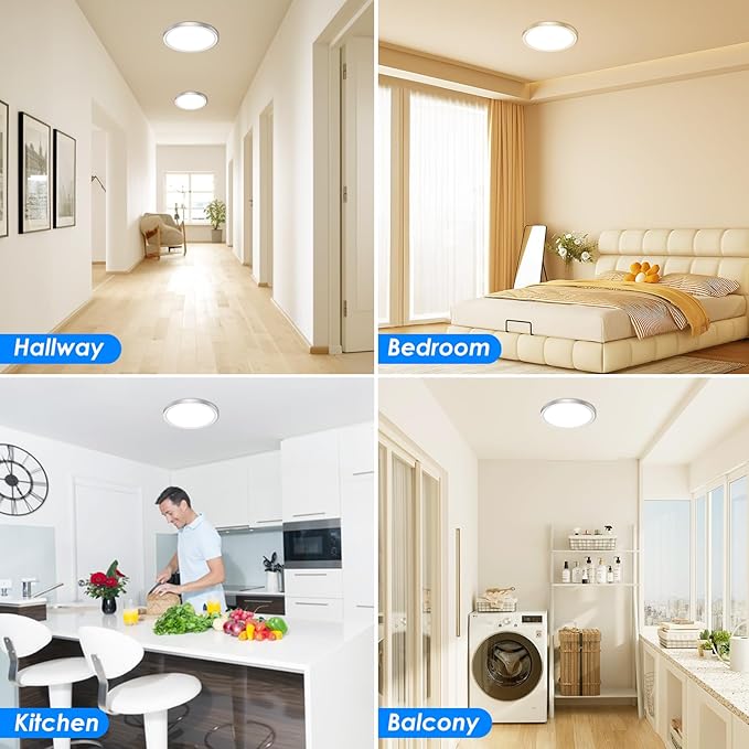 Peasur 12 Inch LED Ceiling Light Brushed Nickel, 24W Slim Flush Mount Ceiling Light 3000K/4000K/6500K Adjustable, Modern Round Ceiling Lighting for Bedroom, Living Room, Kitchen(2 Pack)