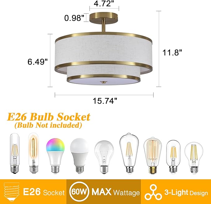 Semi Flush Mount Ceiling Light, 3-Light Double Drum Ceiling Light Fixture with Fabric Shade, Farmhouse Chandelier Dining Room Light Fixture for Bedroom, Kitchen, Hallway (Gold)