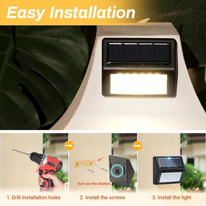 Bright Solar Fence Lights, 6 Pack Outdoor Step Lights, IP65 Waterproof, 3000K Warm-White, Dusk to Dawn Outdoor Lighting with 6 LED for Wall, Garage, Patio, Exterior, Porch