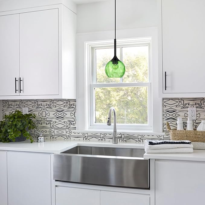 JHLBYL Glass Pendant Lights Kitchen Island: 5.91'' 1-Light Green Hammered Glass Pendant Light with Black Finish - Modern Minimalist Hanging Light Fixture for Kitchen Sink Dining Room - E26 Base