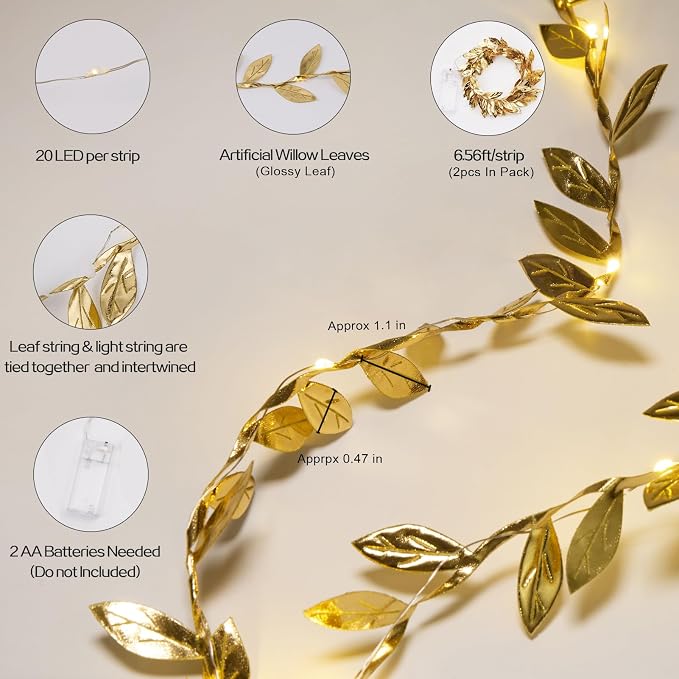 Gold Leaf String Lights Battery Operated, 20LED 6.56ft Fairy Lights with Leaves Vines for Bedroom, Garland Hanging Light for Room Decor Party Wedding Dorm, 2 Pack