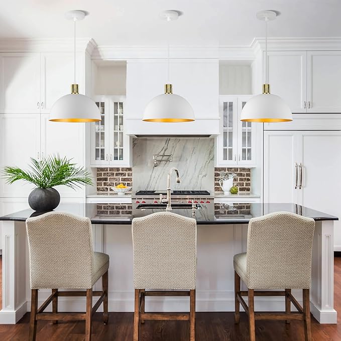 White Gold Pendant Lights Kitchen Island, 11.8" Modern Dome Pendant Light Fixtures Farmhouse Hanging Lights for Dining Room Hallway Sink Entryway