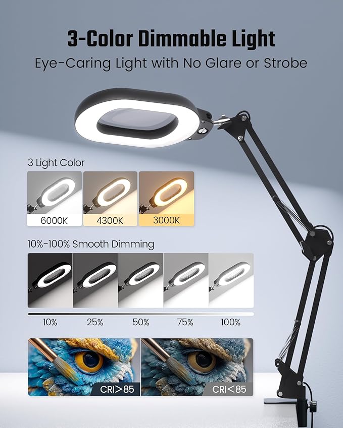 10X Magnifying Desk Lamp with Real Glass Lens Stepless Dimmable, 5 Color Modes, Hands-Free Clamp & Base, Adjustable Swing Arm for Reading, Crafting & Close Work – Black