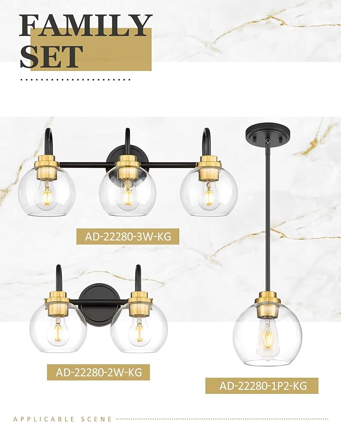 Bathroom Light Fixtures, 3-Light Black and Gold Vanity Lights with Globe Clear Glass, Modern Vanity Lighting Fixtures Over Mirror, AD-22280-3W-KG