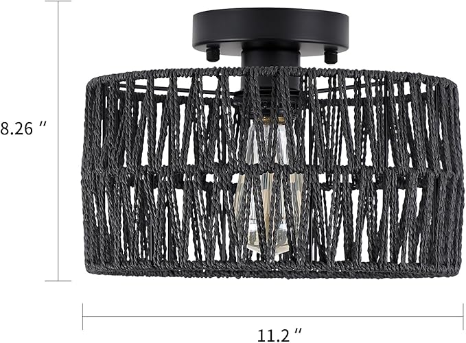 Coastal Black Woven Flush Mount Light Fixture Rustic Industrial Hemp Rope Round Flush Mount Ceiling Light for Hallway Bedroom Farmhouse Kitchen Entryway Hall, Black
