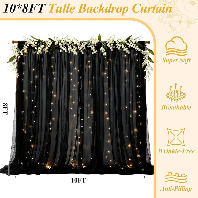 Ledido 10×8ft Black Tulle Backdrop Curtains with Lights String - 300LED Fairy Lights Sheer Curtain Backdrop for Wedding Baby Shower Photo Shoot Birthday Party Decoration(2 Panels 5×8ft)，Black