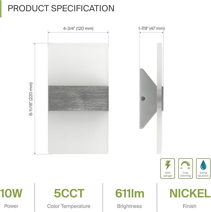 ASD 8 Inch Indoor LED Wall Sconce - 10W 2700K-5000K Dimmable Brushed Nickel Wall Sconce Lights for Living Room, Bedroom, Bathroom, Hallway - Modern Wall Sconces Hardwired, ETL Interior Light, Set of 2