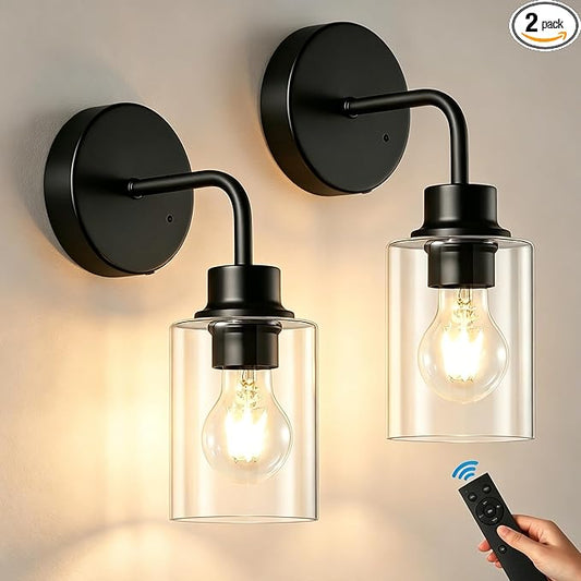 Epinl Battery Operated Wall Sconce Set of 2, Wireless Dimmable & Rechargeable Wall Lights with Timer Remote, 5000mAh Cordless Sconces for Bedroom Living Room Hallway Corridor, Black