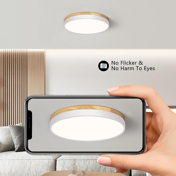 Modern Wood White Flush Mount Ceiling Light, 11.81" Round LED Low Profile Close to Ceiling Fixture for Kitchen Bedroom Bathroom Laundry Hallway Entryway Closet Living Room