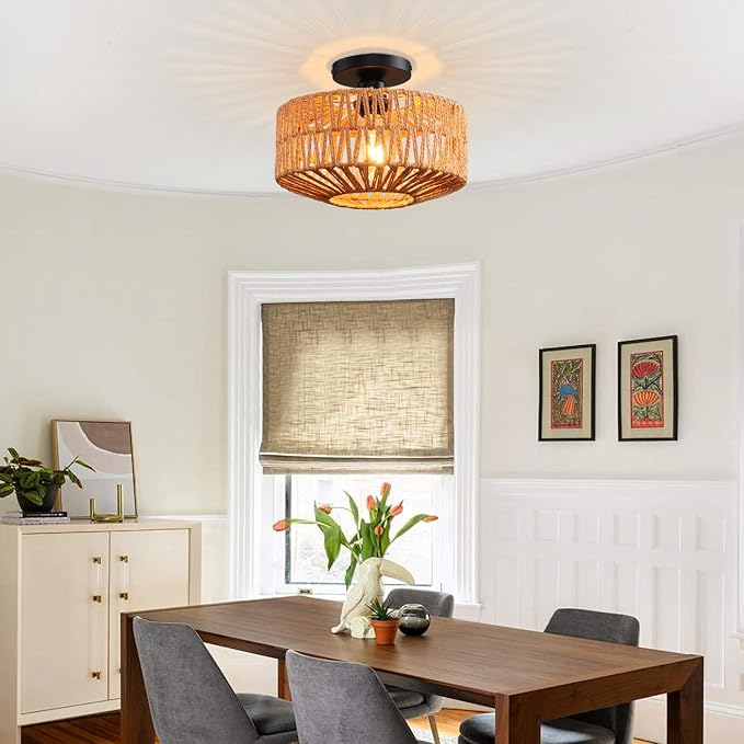Ceiling Light Fixture,Hand-Woven Rattan Flush Mount Ceiling Light,Farmhouse Light Fixtures Ceiling Mount Boho for Hallway Bedroom Kitchen Entryway Living Room