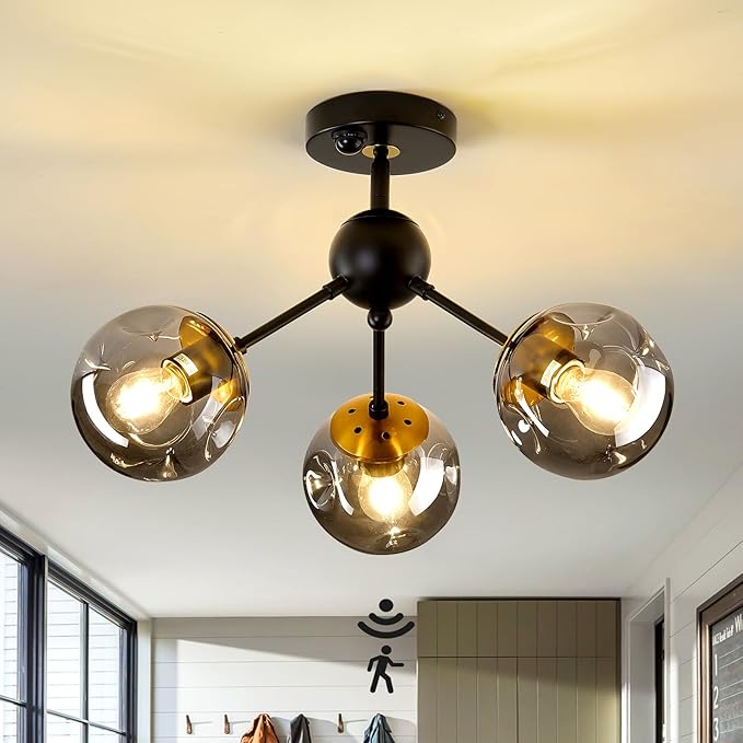 SZXYKEJI Motion Sensor Light Indoor 3-Light Vintage Semi Flush Mount Ceiling Light Fixture with Glass Globe Black Chandelier for Closet Hallway Stairway Porch Entryway