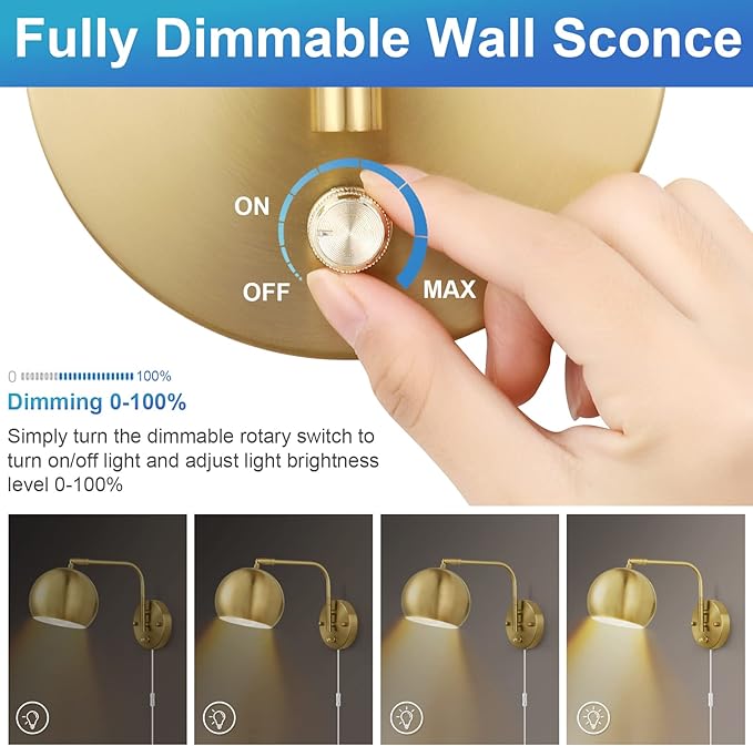VATONI Plug in Dimmable Wall Sconce Swing Arm Wall Lights with Plug in Cord and Dimmer On/Off Knob Switch, Brushed Brass Globe Wall Light for Bedside Bedroom Bathroom(1 Bulb Included)