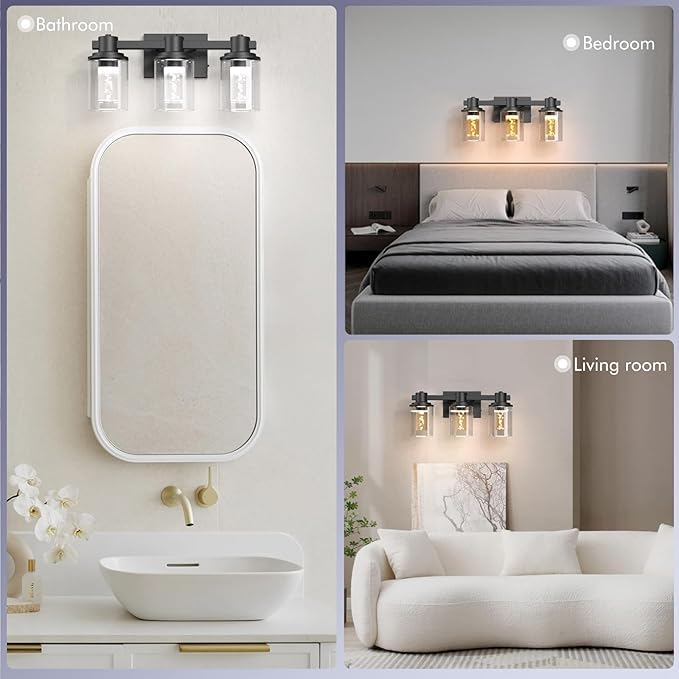 Quntis 3-Light Black Bathroom Light Fixtures with 5 Color Modes, 16 Inch Dimmable Modern Vanity Lighting Fixture Over Mirror, 21 Watts Eye Protection LED Wall Lamp (UL Certified, Bulbs Included)