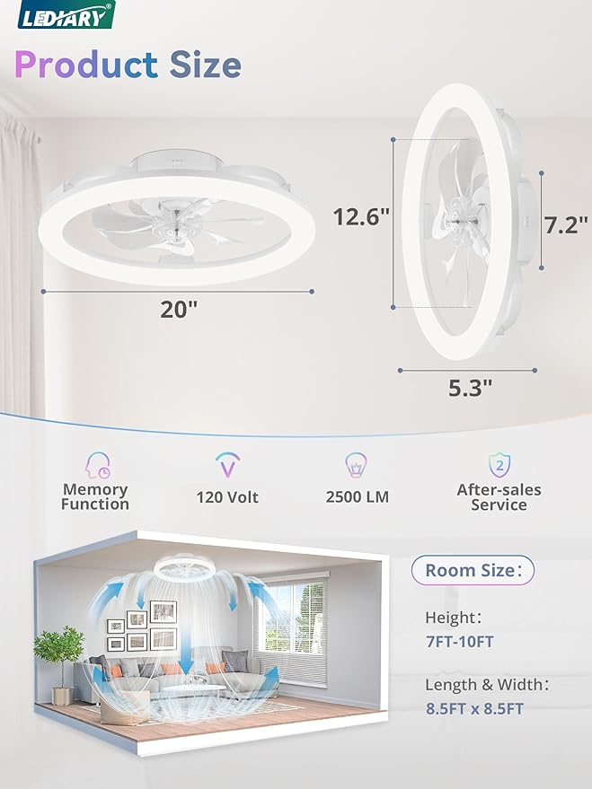 LEDIARY RGB Low Profile Ceiling Fans with Lights and Remote, 20 Inch Dimmable Modern Ceiling Fan(3000K-6000K), 6 Speed, Reversible, APP & Remote Control, Flush Mount Fan Light, White RGB Ceiling Fans
