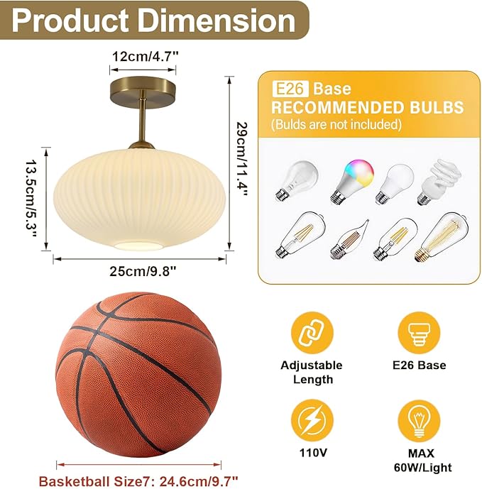 Large Ribbed Milk Glass Flush Mount Ceiling Light Mid Century Modern Entry Light Fixture White Semi Flush Mount Lights Gold Globe Hallway Ceiling Light (2 Pack)