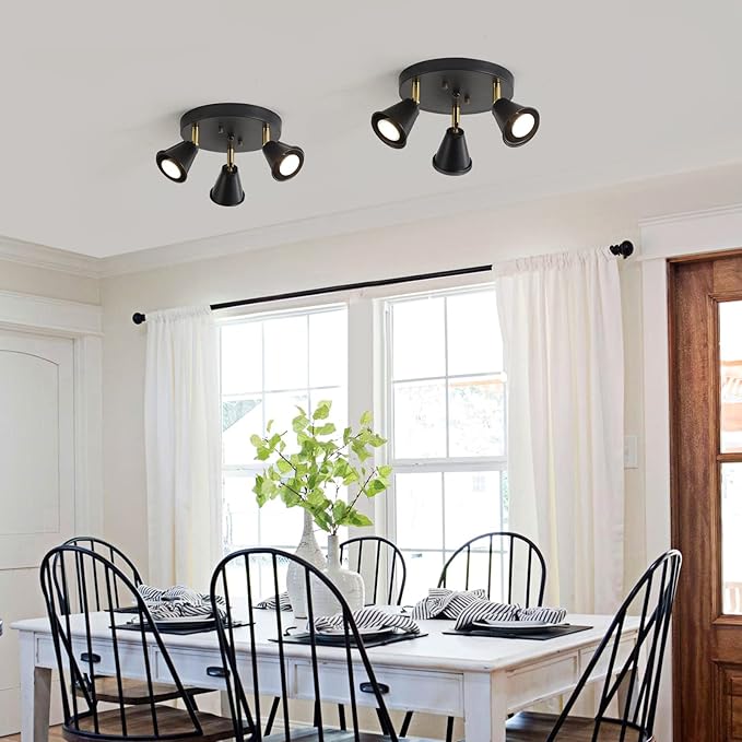 SEEBLEN 3-Light Industrial Directional Track Lighting, Adjustable Round Ceiling Spotlight, Morden Black Flush Mount Kitchen Light for Kitchen,Hallway,Dining Room,Porch,Office.Gu10 Bulbs Included