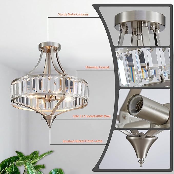 Brushed Nickel 4-Light Crystal Semi Flush Mount Ceiling Light Fixture Rustic Farmhouse Ceiling Lighting with Round Metal Shade Chandelier for Dining Room, Hallway, Bedroom, Foyer
