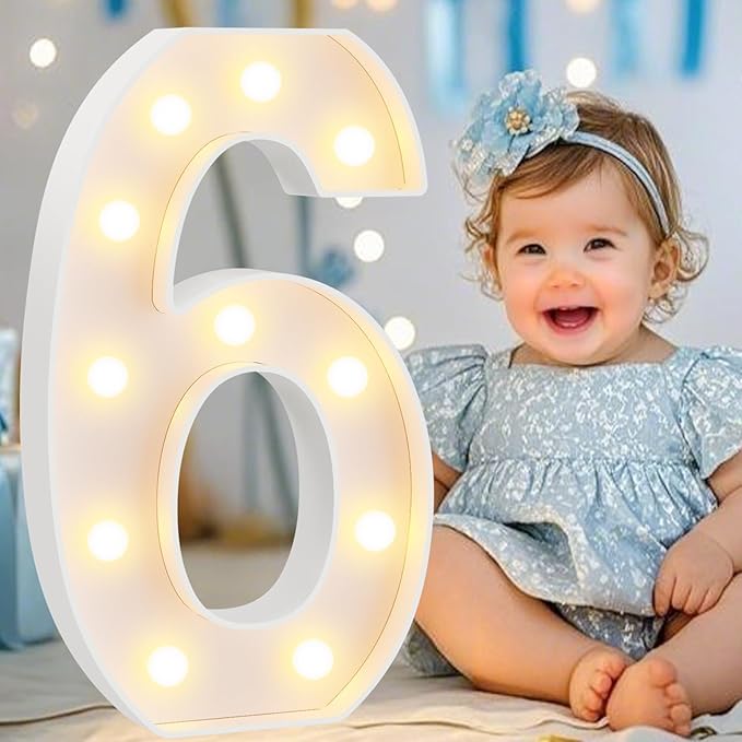 Pooqla Large Light Up Numbers for 6th Birthday Decorations, 12.6 in Tall White Plastic Marquee Numbers Sign Party Decorations, Gift for Girls Boys Night Light Wedding Anniversary Decor, Big Number 6
