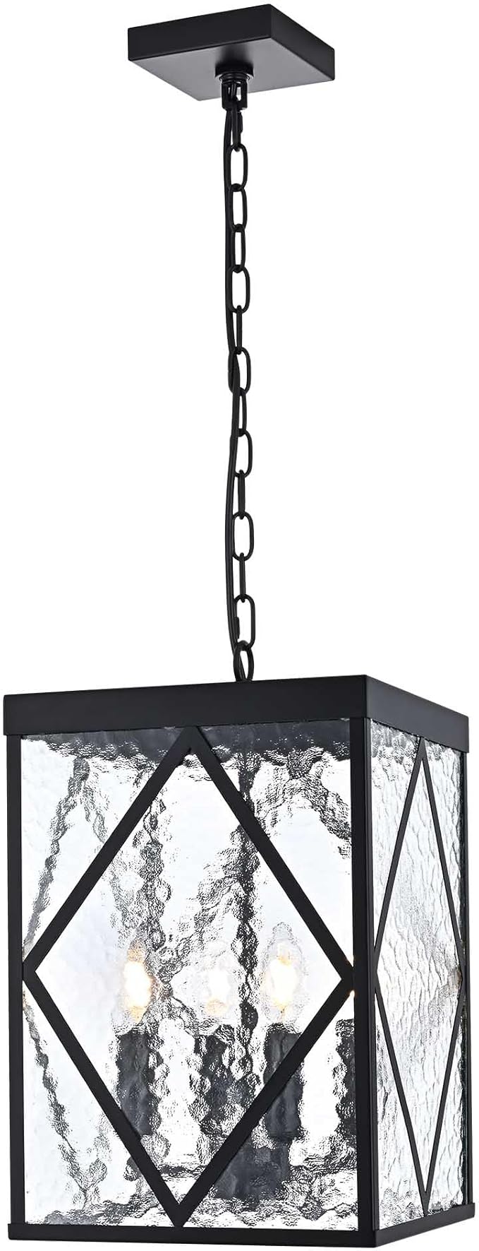 Outdoor Pendant Light with Water Ripple Glass, 4-Light Exterior Hanging Porch Light, Large Lantern Pendant Light, Waterproof Black Outside Chandelier for House Front Door Patio Entrance