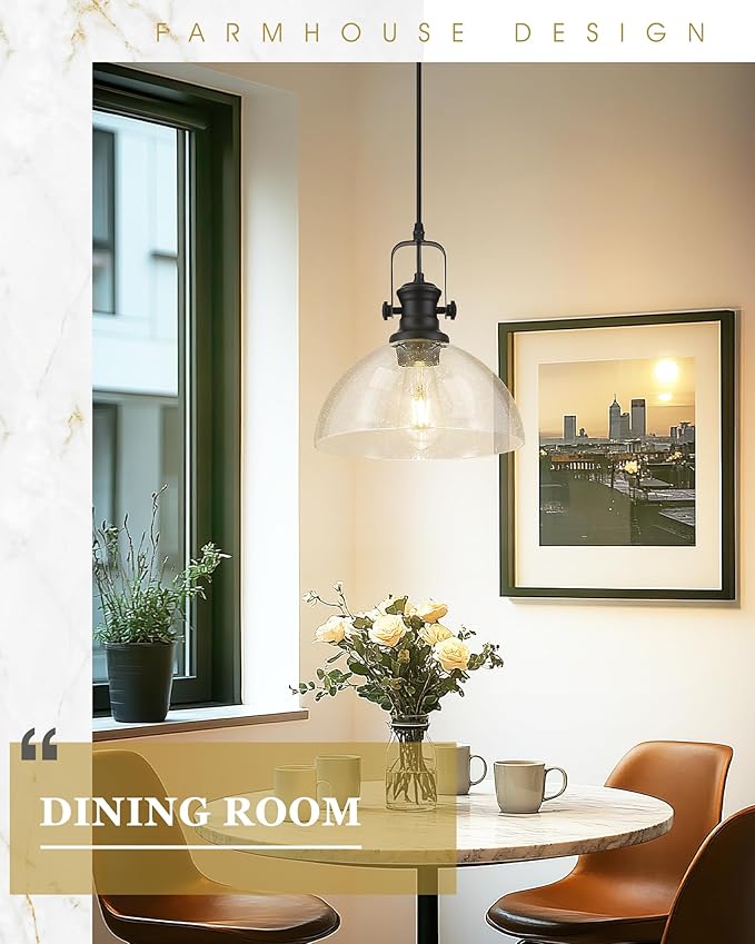 2-Pack Black Pendant Lights Kitchen Island, 10.5" Farmhouse Pendant Lighting with Clear Seeded Glass Shade, Vintage Hanging Light Fixtures for Dining Room, AD-22151-1P2L-BK
