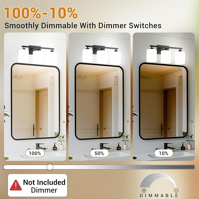 Quntis Black Bathroom Light Fixtures Over Mirror 5 Colors Adjustable, 3 Lights LED Bathroom Vanity Lighting with Milky White Frosted Glass Shade, Energy-Saving LED Vanity Light 18.9 inch