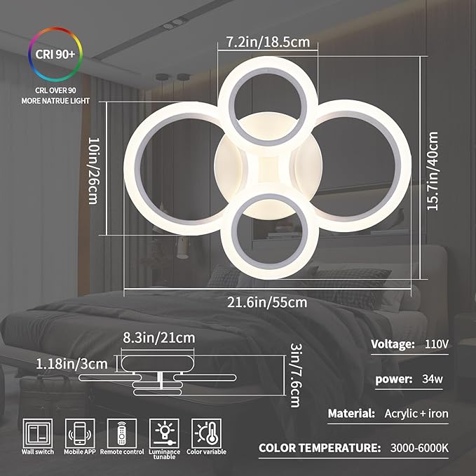 Shine LUEST 34W LED Ceiling Light with Remote, 3000-6000K Dimmable Modern Flush Mount Ceiling Lighting Fixture White 4 Rings Round Chandelier Ceiling Lamp for Small Room, Bedroom