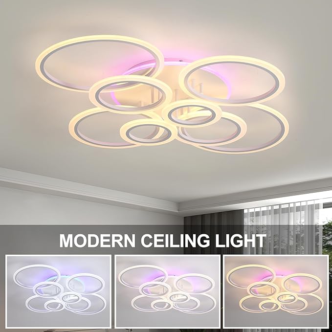 Modern LED Ceiling Light,41.3'' Dimmable Flush Mount Ceiling Lights with Remote,Acrylic Round Ceiling Lighting Fixture for Living Room Dining Room Bedroom Kitchen(White,8 Rings,80W)
