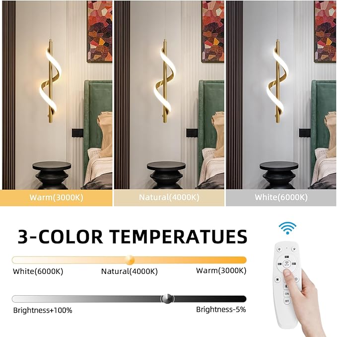 CANEOE Gold Modern Led Pendant Light,3000K-6000K Dimmbale Spiral Led Pendant Lamp, Adjustable Height Hanging Pendant Light Fixture for Dining Room Bedroom Kitchen Sink, 1 Pack