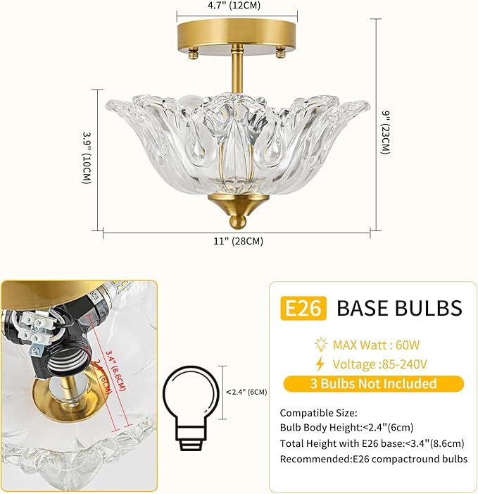 Semi Flush Mount Ceiling Light, Gold Vintage Light fixtures with Floral Clear Glass Shade, Modern Close-to-Ceiling Lighting for Bedroom Kitchen Living Room Hallway