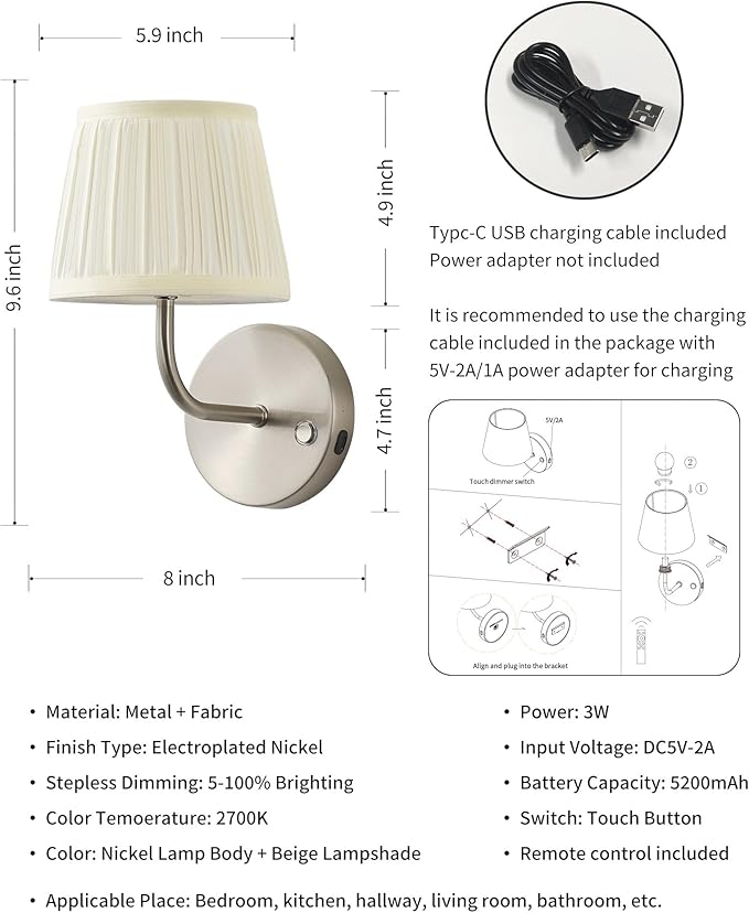PUSU LED Cordless Nickel H9.6 inch Small Wall Sconces Set of 2, Rechargeable 5200mAh Battery Operated Wall Lamp with Remote, Lighting for Living Room, Bedroom, Hallway, Bathroom, Stairs, Kitchen
