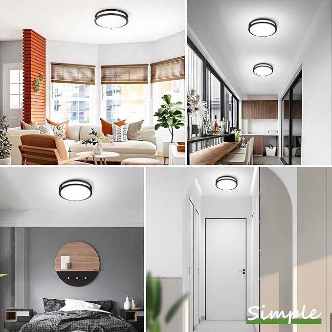 12 Inch Flush Mount Ceiling Lights, 36W 3200LM Black Dimmable Light Fixtures Ceiling Mount, 3000K-5000K Selectable Modern Kitchen Light Fixtures for Stairwell, Balcony, Corridor, Laundry (2-Pack)