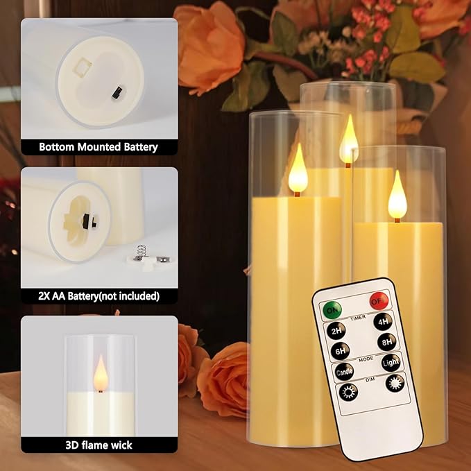fclayvts 12 Packs of Acrylic LED Candles, Flickering Flameless Candles Battery Operated with Remote Dimmed and Timed, 3D Wick Candles for Home Decor,Wedding,Gift，Parties and Festivals. (3 Size Ivory)