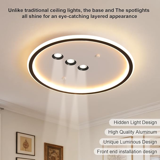 Modern Round LED Flush Mount Ceiling Light with Black Finish & 3 Adjustable Spotlights, Dimmable Soft Glow Ceiling Lighting for Living Room Bedroom Hallway