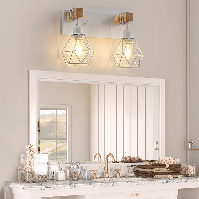 Farmhouse Vanity Light for Bathroom, 2-Light White Wood Bathroom Vanity Light Fixtures Over Mirror, Rustic Sconces Wall Lighting with Metal Lampshade for Living Room, Bedroom, Hallway