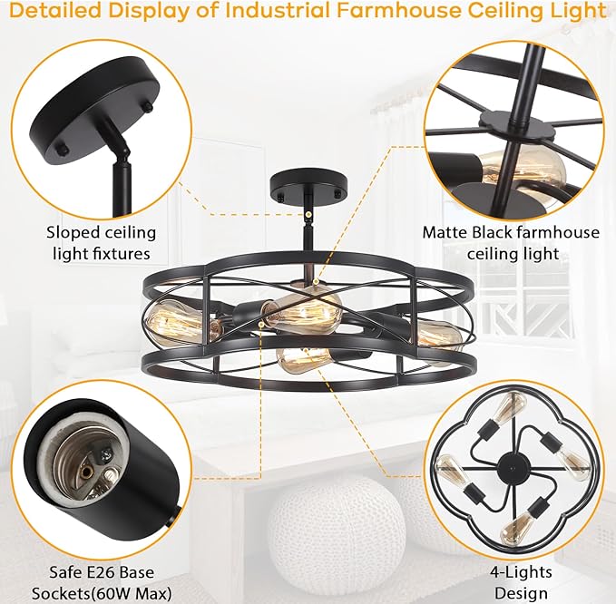 Black Semi Flush Mount Ceiling Lights, Sloped Dining Room Light Fixture Farmhouse Chandelier, Kitchen Island Pendant Lighting Adjustable Height for Entryway Hallway Foyer