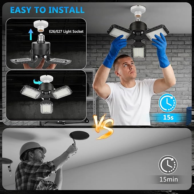 4 Pack Led Garage Lights, 60W Deformable Garage Ceiling Light 8000 lm E26 Basement Lights with 3 Adjustable Led Panels, Fits for Warehouse, Workshop, Barn, and Yard