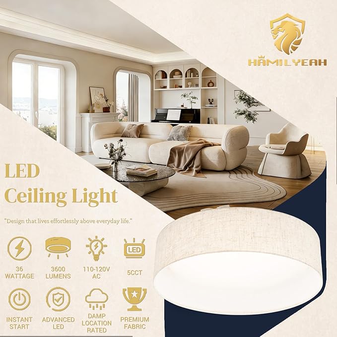 Hamilyeah16 inch LED Flush Mount Ceiling Light Fixture Set of 2, Dimmable Ceiling Light with Fabric Shade 36W 5CCT, Drum Light Fixture Ceiling Mount for Bedroom, Bathroom, Living Room, Kitchen