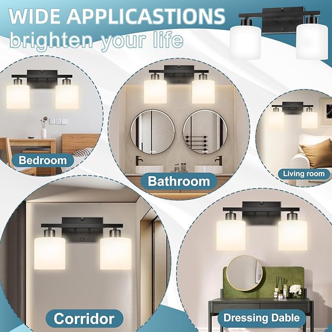CANMEIJIA 2-Light Bathroom Vanity Light Fixtures, Matte Black Vanity Wall Scones Lighting for Bedroom Living Room, Modern Vanity Lights with Milky White Glass Shades, E26 Socket, Bulbs Not Included