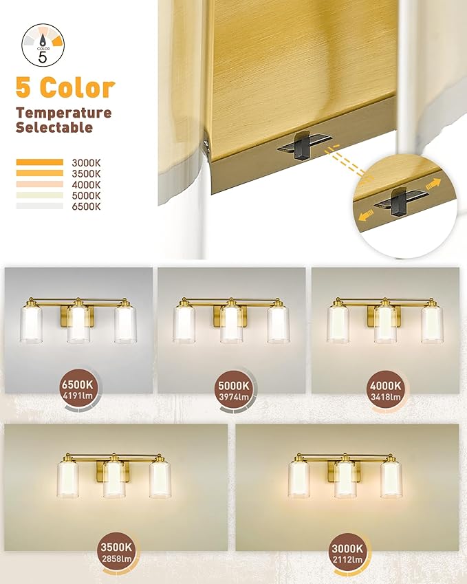 3-Light Bathroom Vanity Light, HWH Brushed Gold Bathroom Light Fixtures Antique Brass Vanity Light with Clear Glass,18W Dimmable LED Vanity Lights 5CCT, 5HLT63B-3W-LED BG