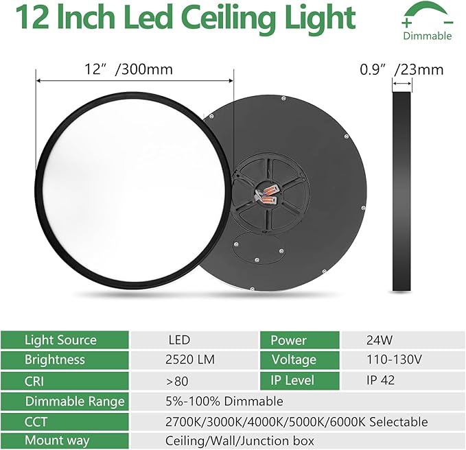 6PK 12 Inch Dimmable LED Flush Mount Ceiling Light,24W, 2520LM, 2700K/3000K/4000K/5000K/6000K CCT Selectable, Round Flat Panel Light Low Profile Ceiling Lamp for Bedroom/Kitchen/Living Room, Black