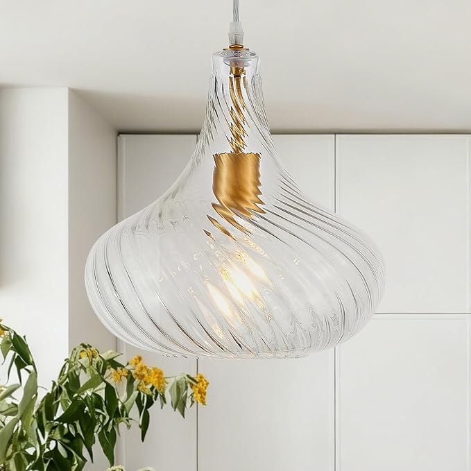 Glass Pendant Lights with Striped Shade 11inch Modern Gold Pendant Lighting Fixtures for Kitchen Island Adjustable 1 Light Large Ceiling Hanging Light for Kitchen Sink Dining Room Hallway, UL Listed