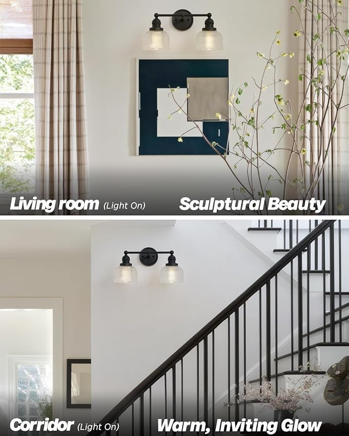 2-Light Vintage Wall Sconces,Double Black Bathroom Vanity Light with Clear Corrugated Glass Shade Hardwire Indoor Wall Sconce Lights Lamp for Bathroom Mirror Living Room Bedroom Kitchen