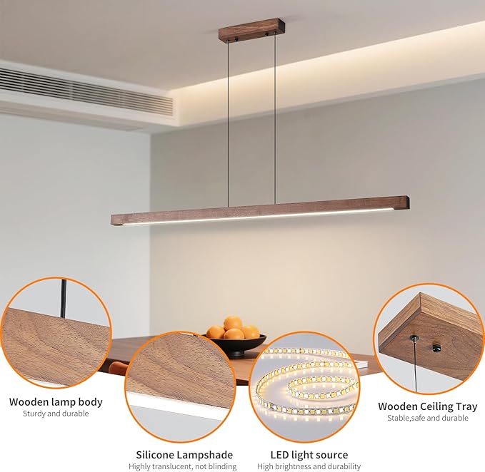 Modern Wooden Pendant Light, 47IN Walnut Wooden Chandelier with Remote Control 3000k-6500K Adjustable Color Temperature，Aluminum Island Lighting Lamp for Dining Room, Living Room