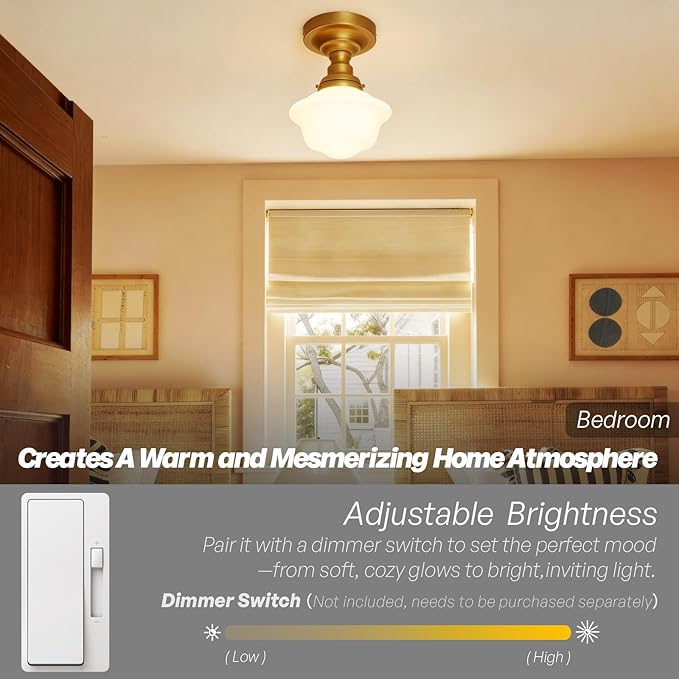 Modern Schoolhouse Semi Flush Mount Ceiling Light,Brass Gold Close to Ceiling Light Fixtures with Milky White Glass Hallway Ceiling Lamp for Laundry Kitchen Entryway Bathroom E26