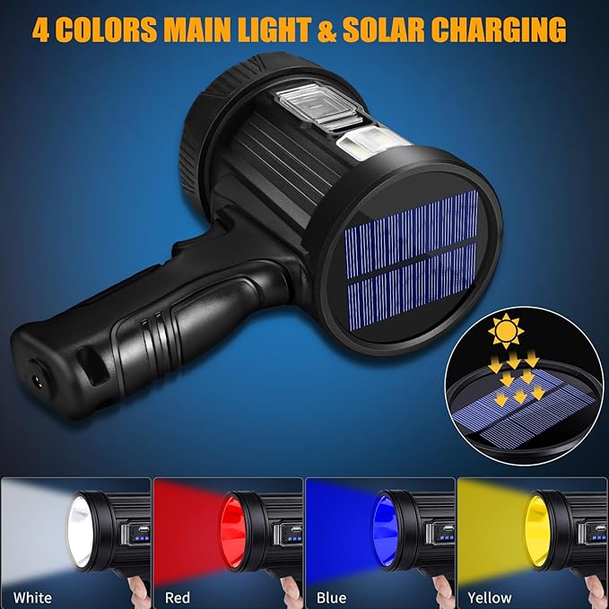 Rechargeable Spotlight, 2000000 LM Super Bright Spotlight Flashlight, Long Running Spot Light Searchlight, Outdoor Handheld LED Flashlight High Lumens with Solar Panels for Hunting Camping Boat